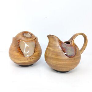 Sango Splash Creamer and Sugar bowl with lid Brown drip glaze Stoneware